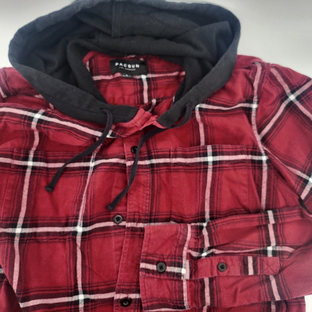 Pacsun Hooded Flannel Shirt Mens Large Burgundy Plaid Long Sleeve Button‎ Up